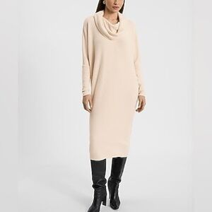 Express Ribbed Knit Cowl Neck Long Sleeve Midi Shift Dress Cream Sweater Dress